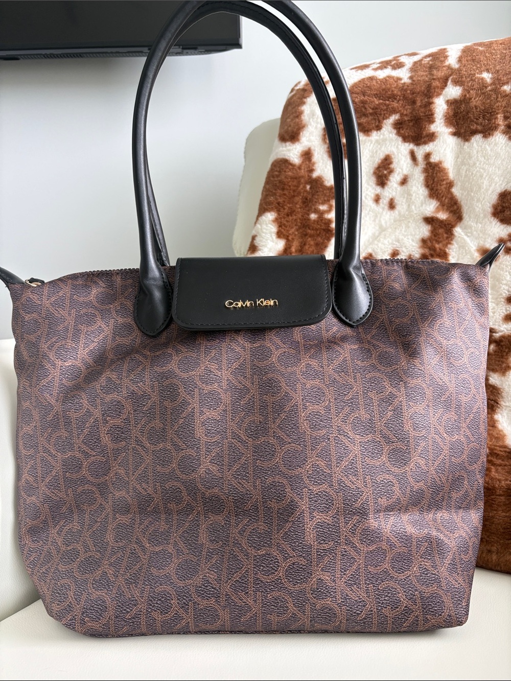 Calvin Klein Brown Monogram Canvas Tote with Black Trim **Never used